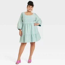 Women's Plus Size Balloon 3/4 Sleeve A-Line Dress - Ava & Viv Teal Blue Size: X