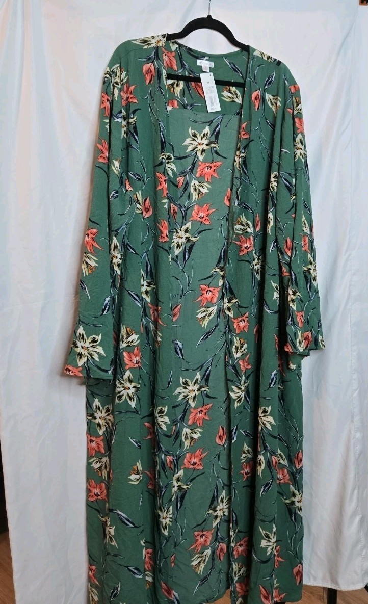 Xhilaration Women's Plus Size 4X Green Floral Print Duster