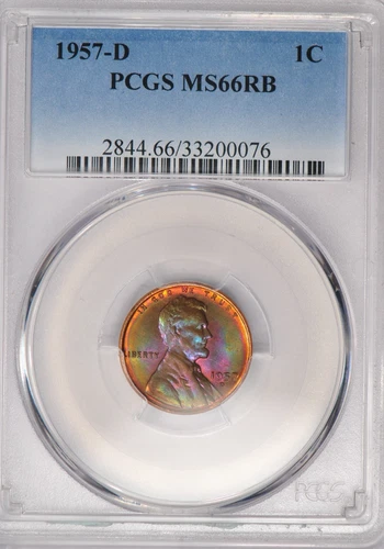 1957 D Toned Lincoln Cent PCGS MS 66 RB See Video Toning Coin 1C