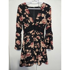 Charlotte Russe Floral Dress M Black Pink Long Sleeve Boho Lace Trim V-Neck Mini