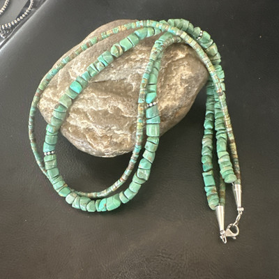 Sterling Silver Beads Heishi Green Turquoise 2 Strands Bead Necklace 18890