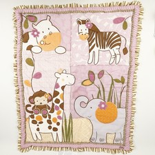 Cocalo Pink Safari Jungle Baby Quilt Ruffle Edge Monkey Elephant Zebra Hippo