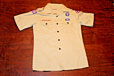Boy Scouts of America BSA Youth Shirt Tan Large Sewn Patches Short Sleeve