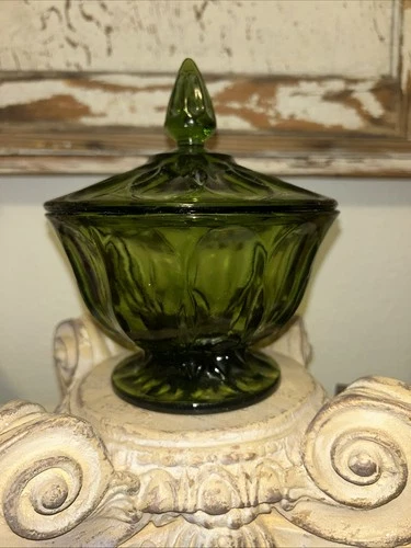 Anchor Hocking Candy Dish with Lid- Fairfield Pattern- Green 1970’s Vintage