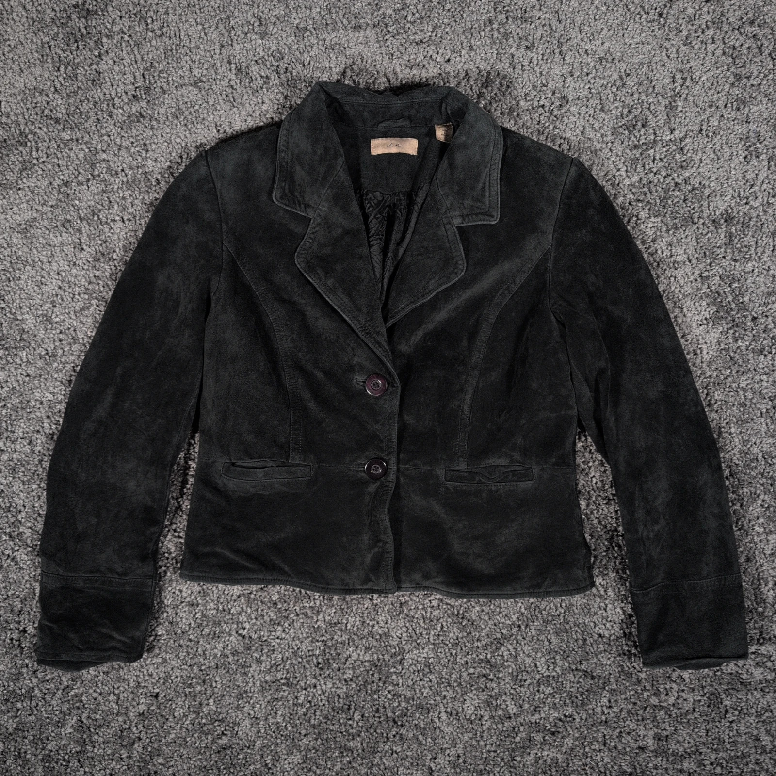 VTG i.e. Suede Leather Jacket Blazer Women's L Black Button Front Lined Y2K EUC