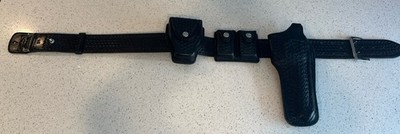 Vtg Safety Speed Clamshell Holster Set Black Basketweave Leather S&W 6'' Belt 34
