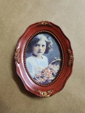 Antique Style Small Oval Picture Frame Burgundy Gold Plastic