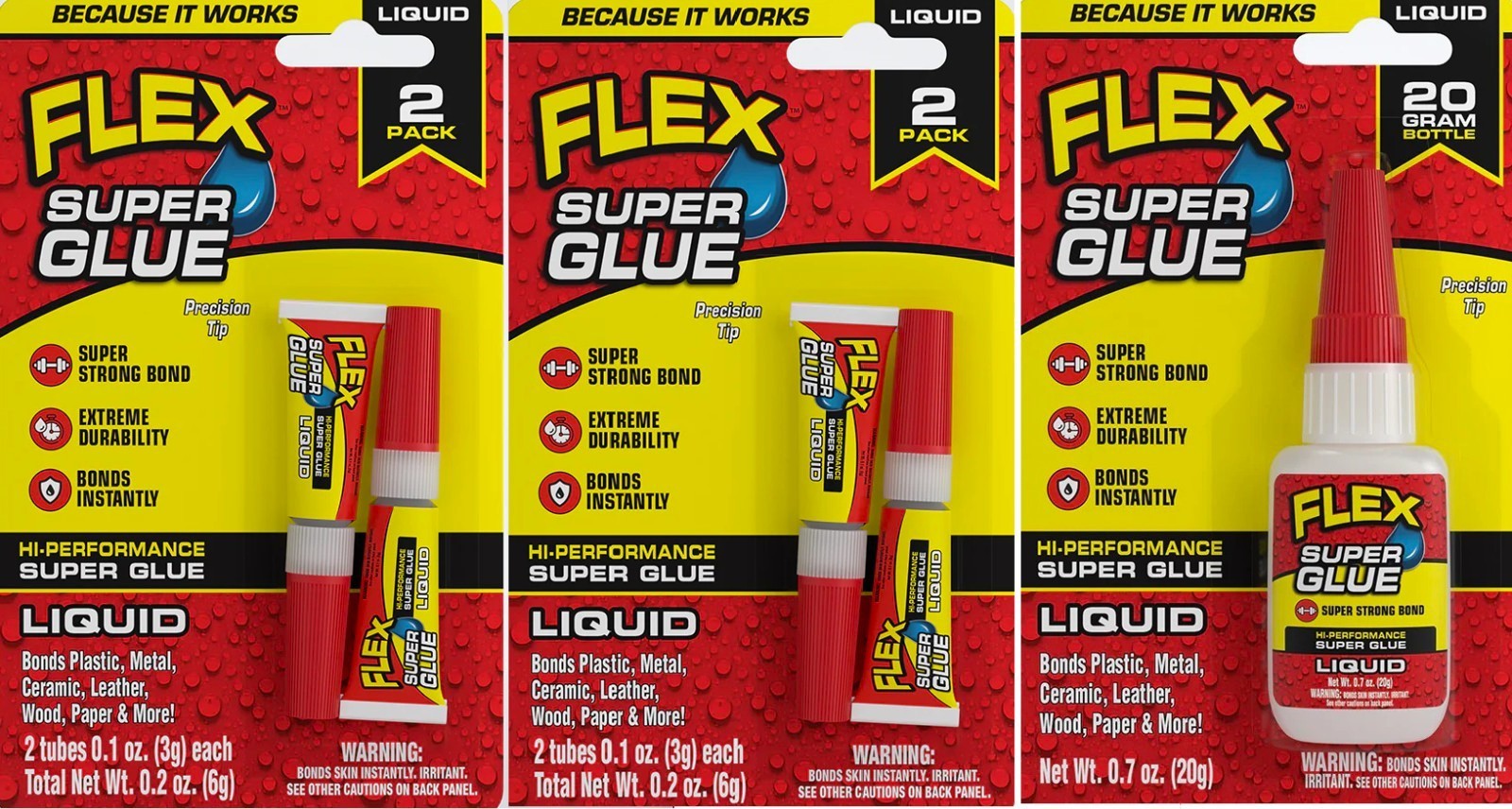 Flex Seal Brand Super Glue Liquid, Clear,  (3-PACK) 2 X 2 Tu