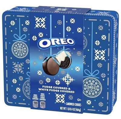 OREO Fudge & White Fudge Covered Holiday Cookies in Gift Tin 1 Lb 0.4 oz Bb 2/26