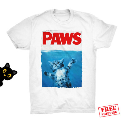 Paws T-Shirt Kitty Cat Jaws Shark Beach Tee 100% Soft Cotton All Sizes S-4XL NEW