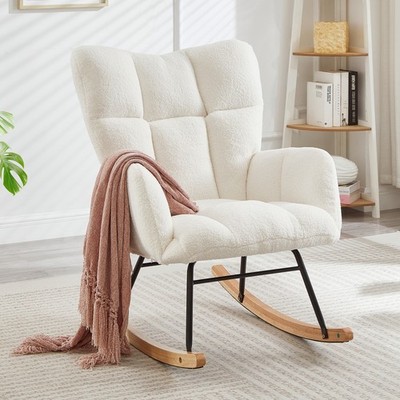 Tufted Teddy Fabric Glider Chair - Rocking Accent Chair w/ Metal Frame
