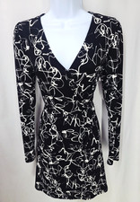 Nine West Black Geometric Wrap Dress Elastic Waist Ruched Shoulders Womens SMALL