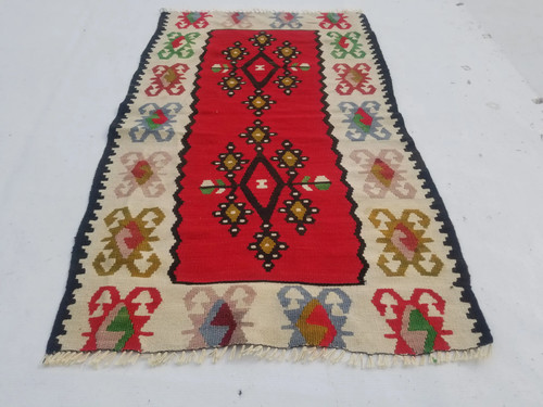 Vintage Traditional Handmade Turkish Wool Red Kilim 3.7x2.1ft