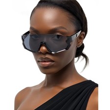 Futuristic Black Shield Sunglasses Oversized Wrap Around Cyberpunk Y2K Sporty