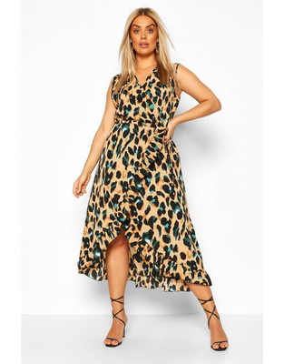 NWT Boohoo Plus Wrap Leopard Ruffle Hi Low Midi Dress Size 24