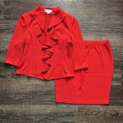 St John Evening Two Piece Set Red Embellished Jacket Tailored Skirt Suit Sz 8 10