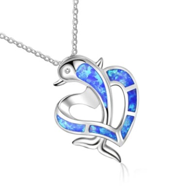 INLAY OPAL HAWAIIAN DOLPHIN IN HEART SOLID 925 STERLING SILVER SLIDER PENDANT