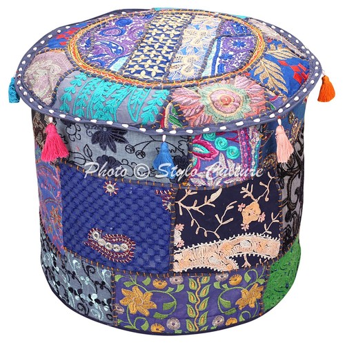 Hippie Gypsy Pouf Ottoman Vintage Patchwork Stool Cover Round Ethnic Decor - Picture 2 of 5