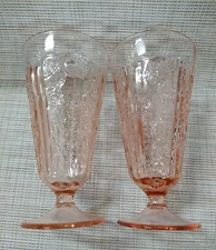 2 Sharon Federal Glass Pink Rose Glow Footed Iced Tea Tumblers