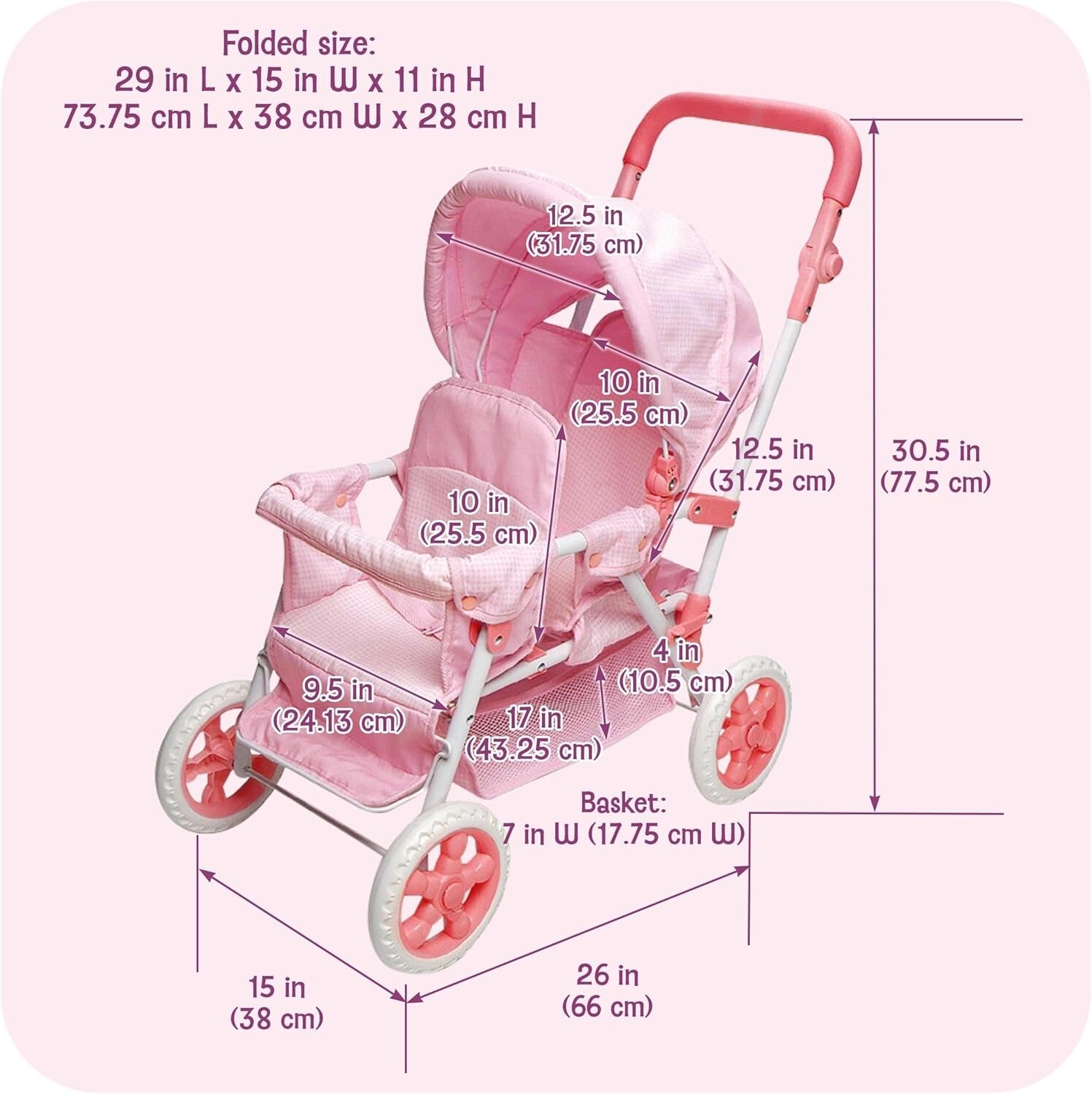 Folding Double Front-to-Back Doll Stroller for Dolls Up to 18 Inches - Lightw...