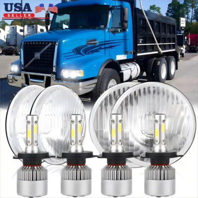 4PCS 5.75'' inch LED Headlights & H4 LED Bulb Hi-Low For Volvo VHD 2001-2019