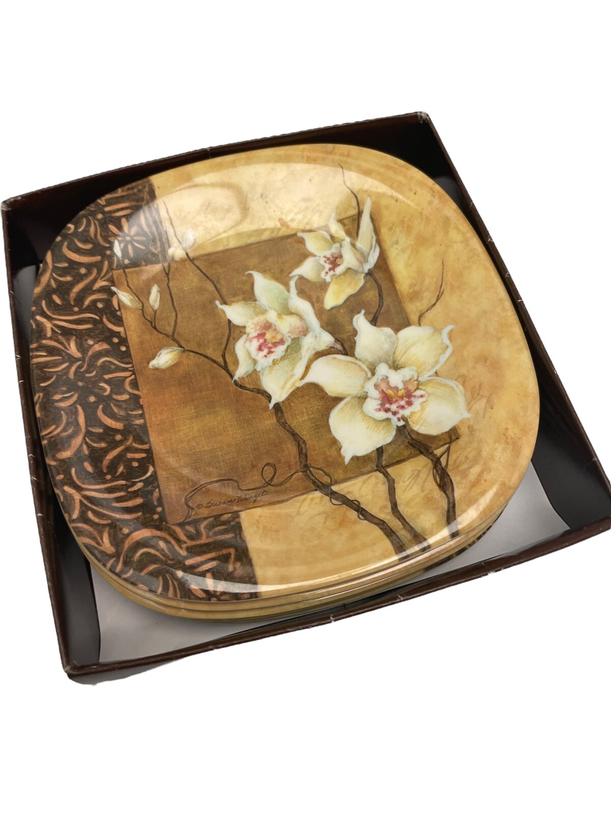 Set of 6 Keller Charles Melamine Hors D’oeuvre Plate Floral on Tan Brown Winget