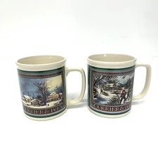 2x Currier And Ives Coffee Tea Mug Winter Scene Harvest Houston Foods