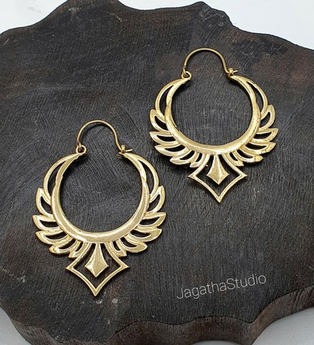 Gold Galactic Wings Earrings Ethnic Statement Hoop Feathers Earrings - Picture 2 of 2