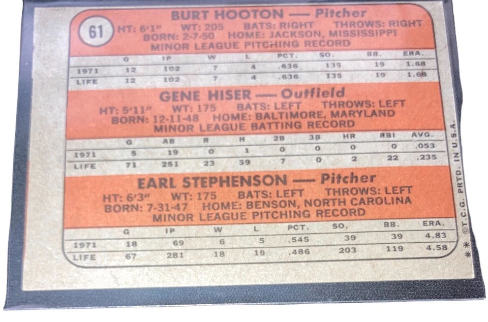 BASEBALL CARD 1972 Topps #61 Chicago Cubs Burt Hooten Gene Hiser E. Stephenson - Image 2 of 2