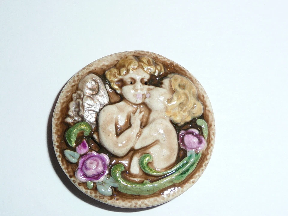 Adorable Cherubs Large Art Stone Shank Button 1-5/16" Cherubs Hugging Flowers - Image 2 of 4