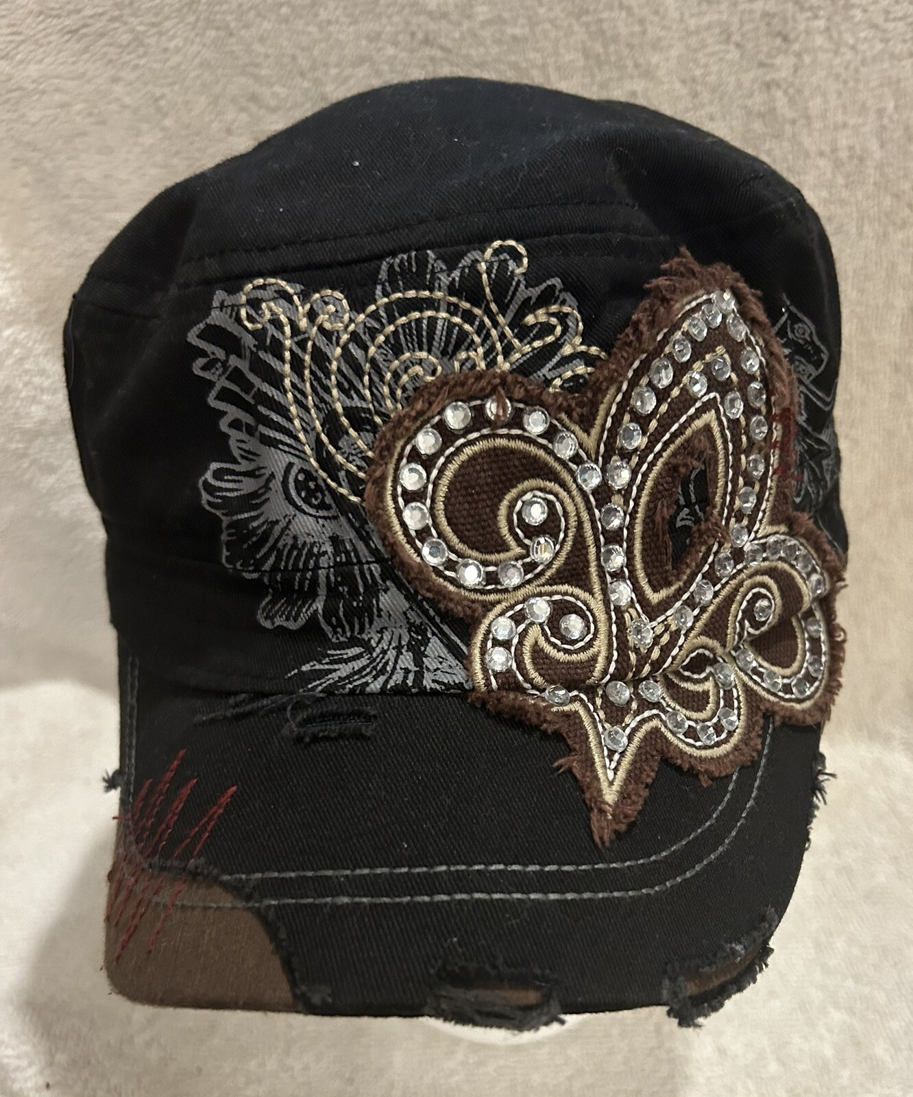 TopHeadwear Distressed Cotton Baseball Cap With Beaded Fleur-de-lis Design - Adjustable, One Size Fits Most