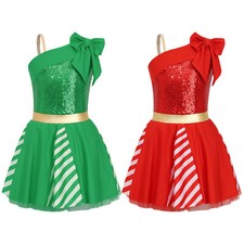Kids Girls Christmas Dance Costume Sequins Ballet Dress Figure Skating Leotard