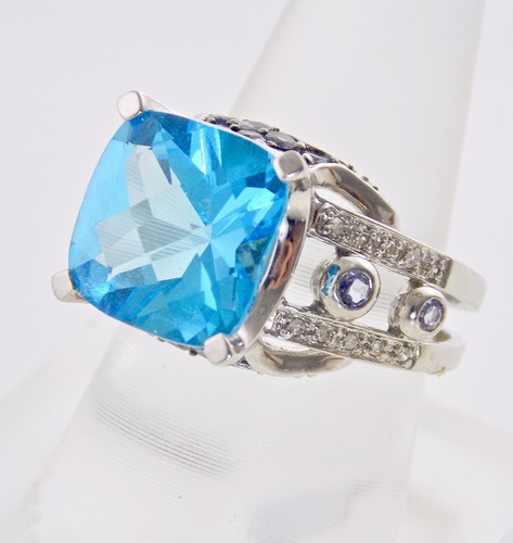 STUNNING 10KT GOLD PRINCESS CUSHION SWISS BLUE TOPAZ & DIAMNOND, TANZANITE RING - Picture 6 of 12