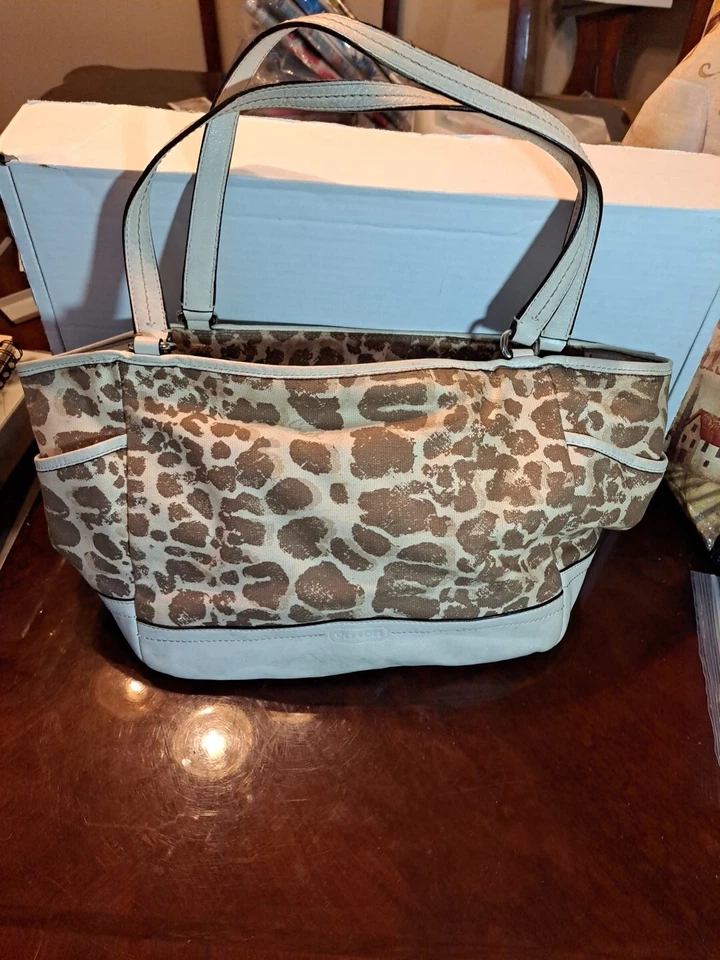 COACH "Park" Giraffe Prints Canvas and Ivory Leather Hobo Shoulder Bag #F27354