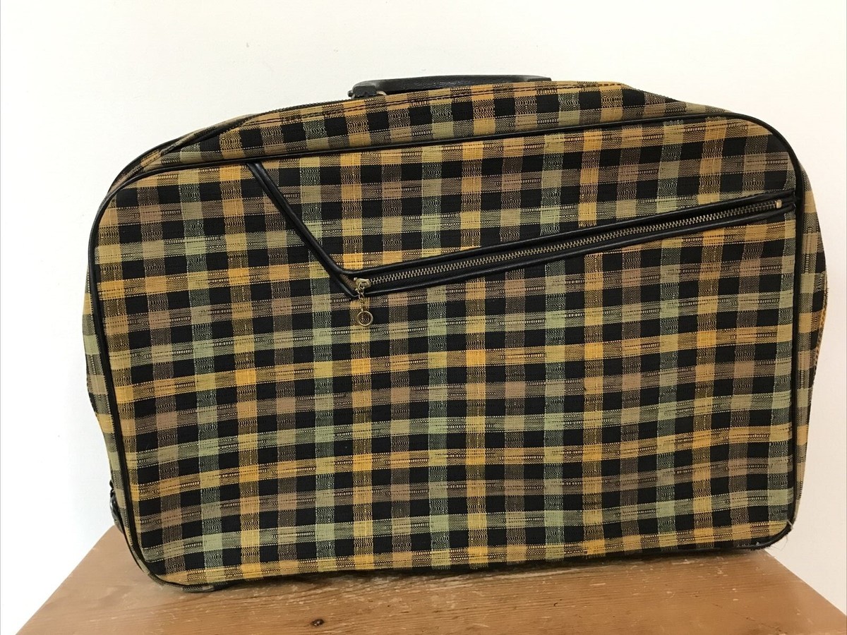 Vtg 60s Hinomoto Japanese Plaid Check Lock Suitcase Luggage