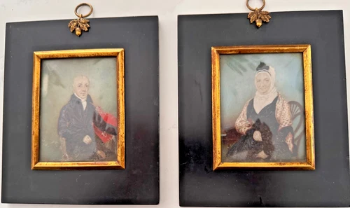 Pair of antique hand-painted miniature portrait pictures Georgian Sally Head - Picture 1 of 7