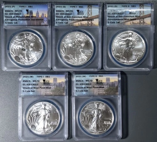 2021-PSW $1 AMERICAN SILVER EAGLE 5-Coin Set T-1/T-2  5 oz 999 ANACS MS70 A6808