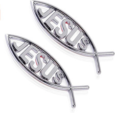 2Pcs Jesus Fish Decal Sticker Silver 3D Chrome Christian Car Emblem Religious