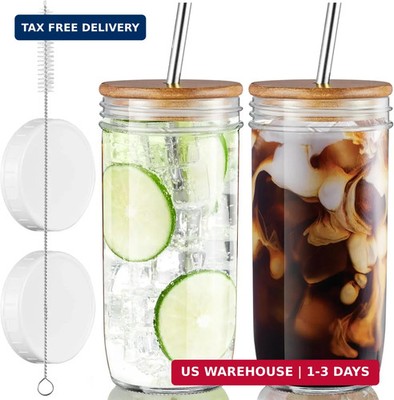 Glass Cups Set - 24oz Mason Jar Drinking Glasses with Acacia Wood Lids & Straws