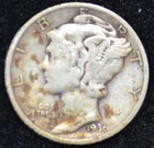 1936-S VERY GOOD-FINE Mercury Dime, 90% SILVER! Golden Toning!