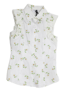 Monnalisa Girls Button Front Sleeveless Collared Floral Top White Green Size 10