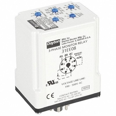 Dayton 31EE08 3-Phase Monitor Relay SPDT 8-pin Socket Base 190-500V 10A