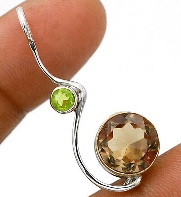 Natural 3CT Smoky Topaz & Peridot 925 Solid Sterling Silver Pendant @5-1