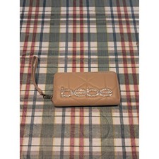 bebe Taupe Quilted Wristlet Wallet with Crystal Logo