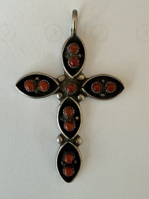 Vintage Southwest Sterling Silver Red Coral Cross Pendant 5g Native American Sty