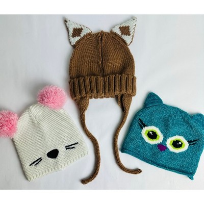 Cute Cat  Ear Critter Animal Knit Beanies Hat Lot Set of 3 