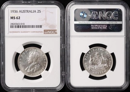 AUSTRALIA 1936 KGV 2/- Florin. Slabbed NGC MS62. BU. Ren cat Choice UNC $850.