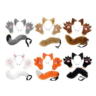 Animal Ear Headband Tail Gloves Set Lovely for Anime Show Halloween Birthday