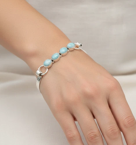 925 Solid Sterling Silver Blue Larimar Four Stone Bangle - 6 CM