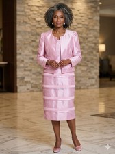 Mystique Collection By Ben Marc Dress & Jacket Suit Satin Pink Church Sz 14 EUC